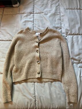 Zara Beige Ribbed Button-Front Cropped Cardigan